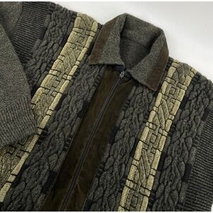 3D Knit Sweater‎ Mens XL Green Cardigan Zip Corduroy Cosby 80s Vintage